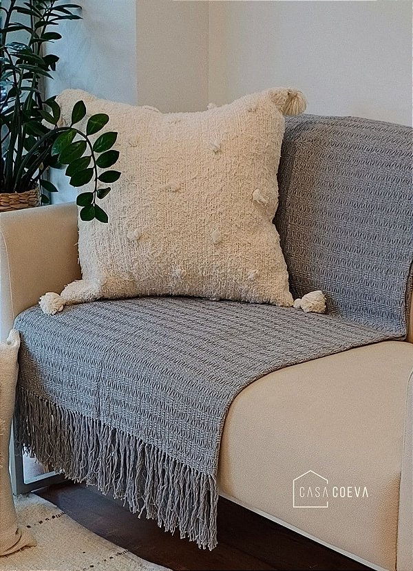Manta de Sofá Artesanal Laços Decorativa Algodão Cinza 130 x 180