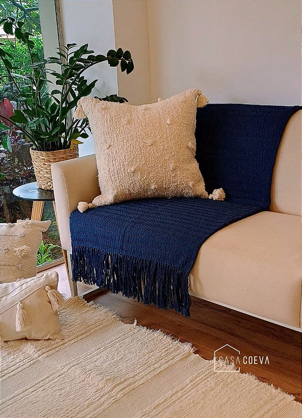 Manta de Sofá Artesanal Laços Decorativa Algodão Azul 130 x 180