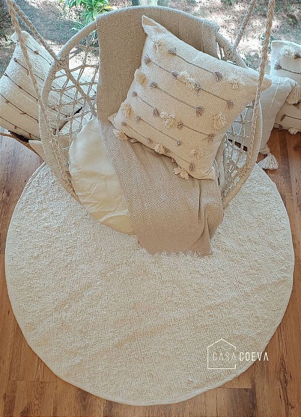 Tapete Artesanal Redondo Boho peludo branco 2m