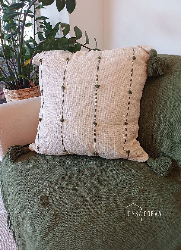 Capa de Almofada Artesanal Tassel Branco Verde Musgo 45 x 45