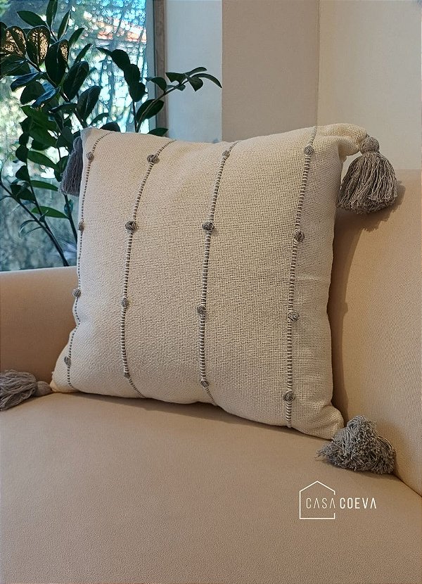 Capa de Almofada Artesanal Tassel Branco Cinza Claro 45 x 45