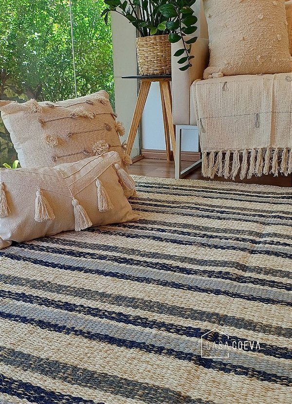 Tapete Premium Listrado Azul Algodão Juta 250 x 400
