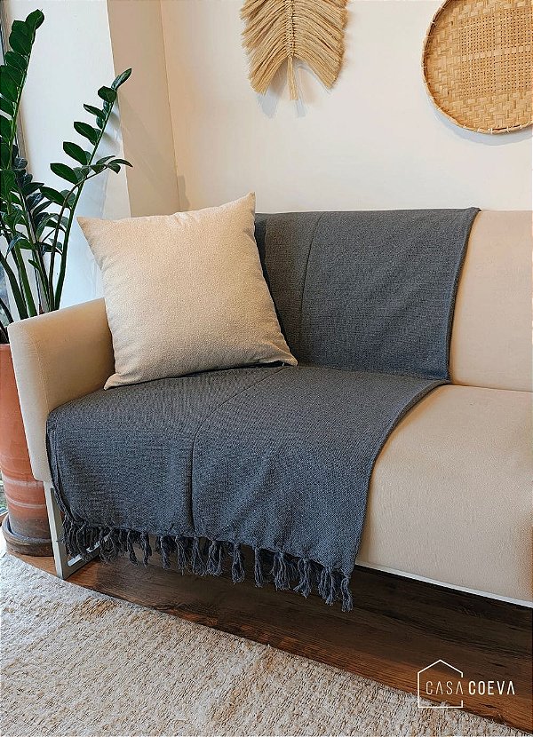 Manta de sofá artesanal Algodão Cinza Grafite 140 x 240