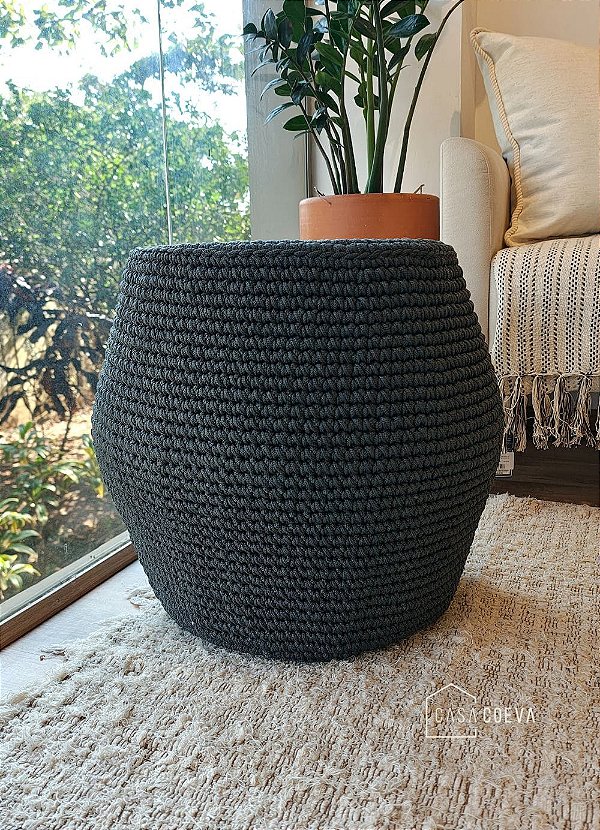 Puff Artesanal Corda Náutica Cinza Grafite 45 x 45