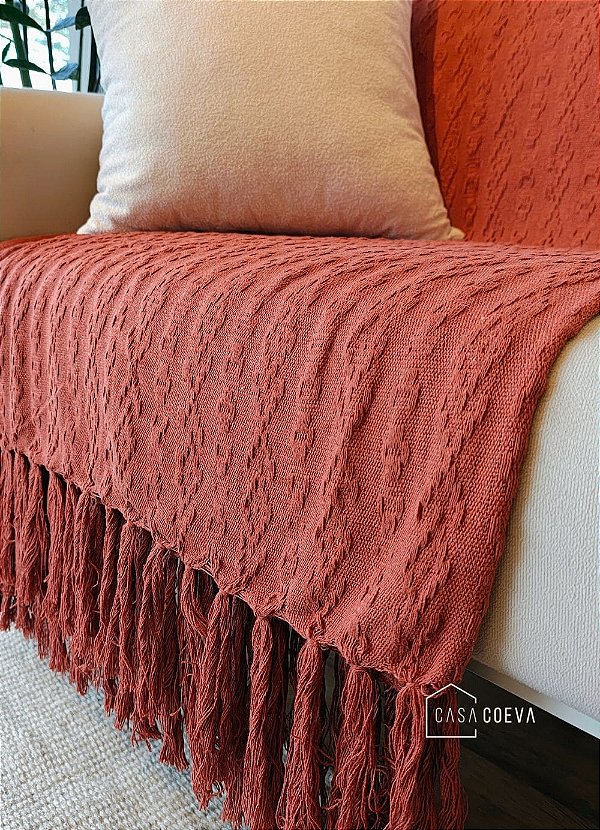 Manta Artesanal Bordada Luxo Terracota 140 x 240