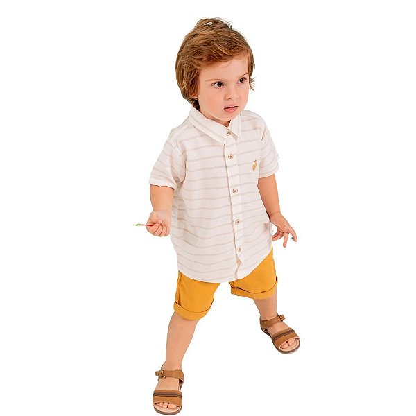 Conjunto Camisa Off White e Bermuda Mostarda Infantil Menino Vigat 3856