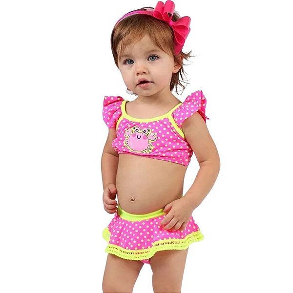 Biquíni Rosa Neon Baby Moda Praia Poa Siri Kids 38416