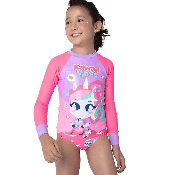 Camiseta Manga Longa Para Nadar com Proteção Solar Menina Unicórnio Kawaii Moda Praia Puket  110400983