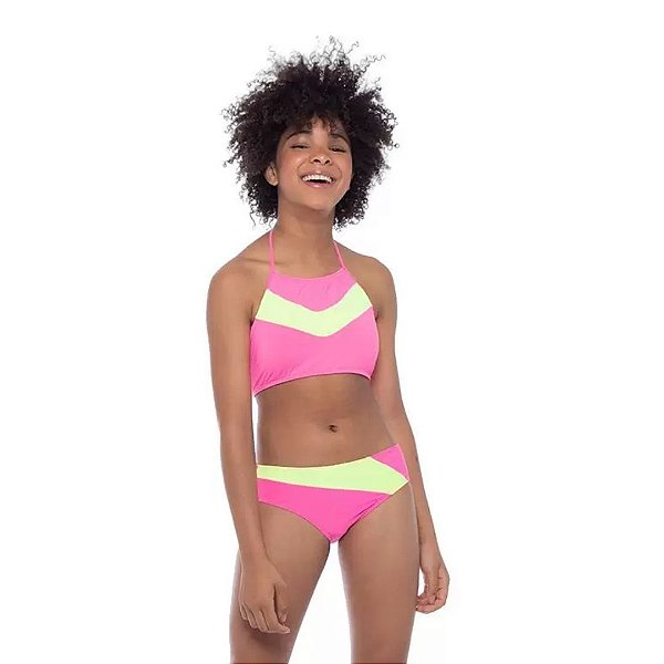 Biquíni Rosa Neon Cintura Alta Juvenil Moda Praia Siri Kids  37952