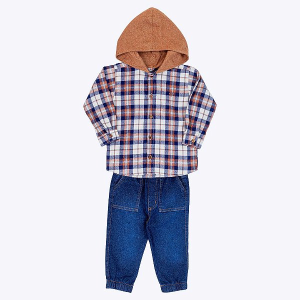 Camisa Flanelada com Capuz e Calça Jeans Moletom Infantil Masculino Vigat 1095