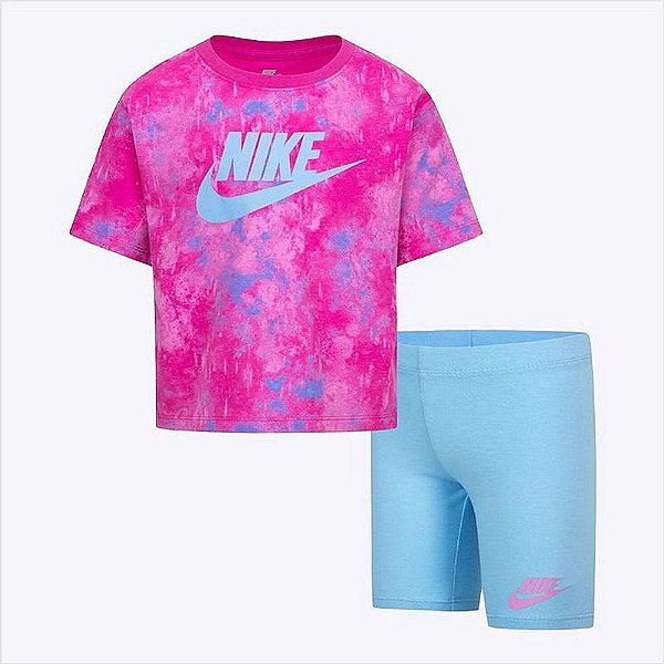 Conjunto Camiseta Rosa e Bermuda Legging Azul Infantil Feminino Nike 26L658-BJB