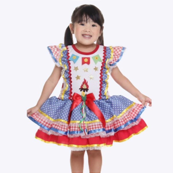 Vestido Festa Junina Detalhes Estrelas Infantil Muvile 9941A