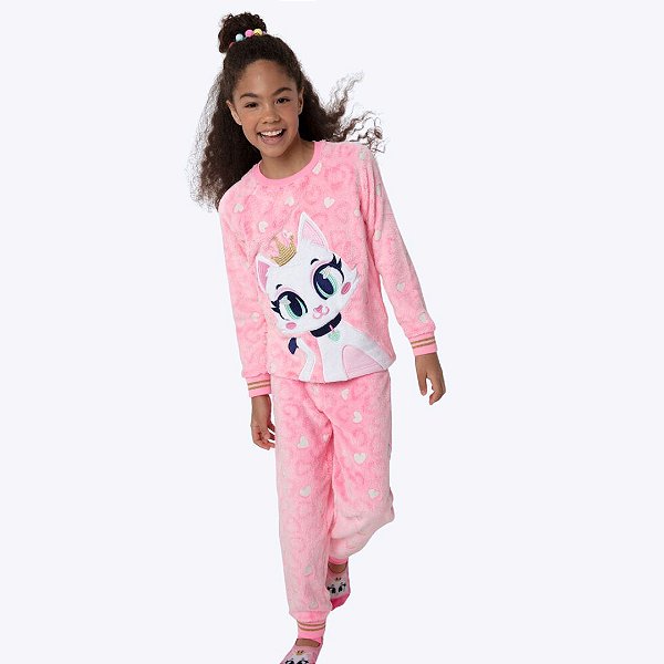 Pijama Manga Longa Gata Romântica Teen Menina Puket 030502289