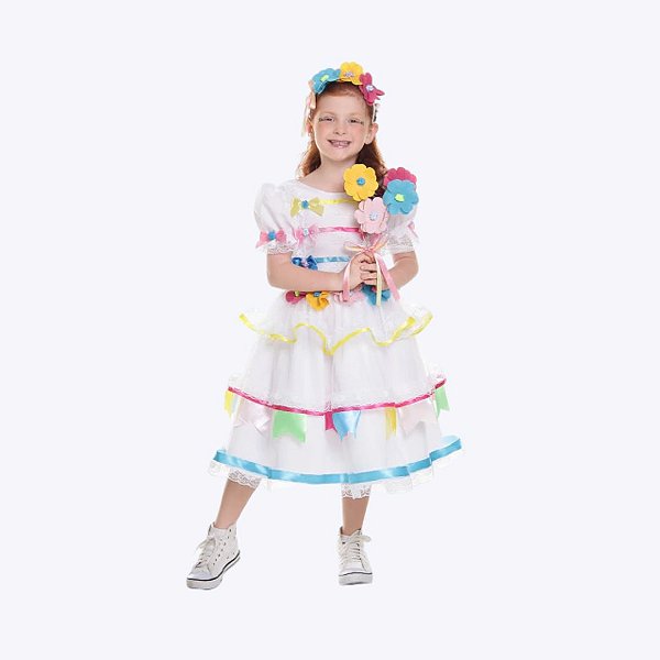 Vestido Junino Noiva Branco com Bandeirinhas Infantil Menina Muvile 9957
