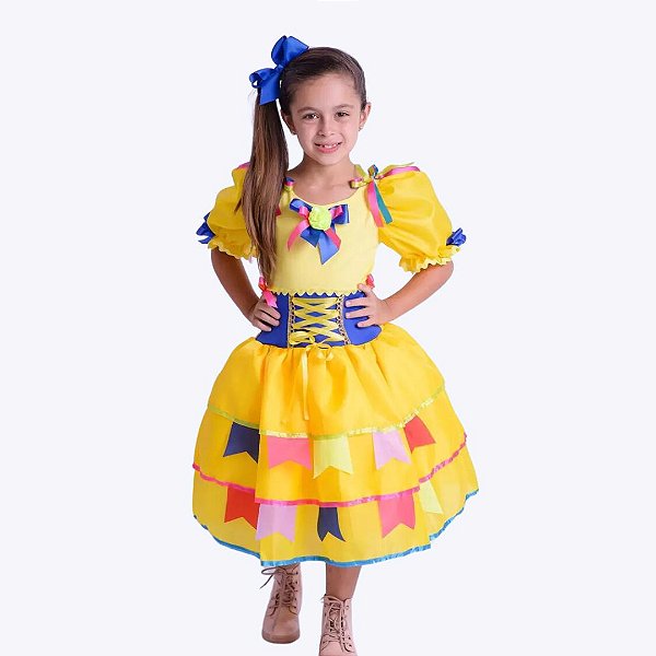 Vestido Festa Junina Amarelo Bandeirinhas Infantil Muvile 4219