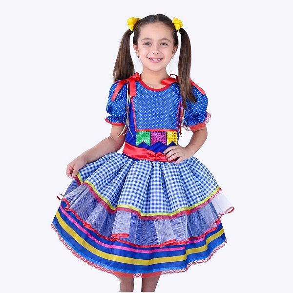 Vestido Festa Junina Azul Xadrez Bandeirinhas Infantil Muvile 4290