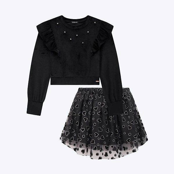 Conjunto Blusa Manga Longa Boxy em Veludo e Saia em Tule Infantil Menina Infanti 71163