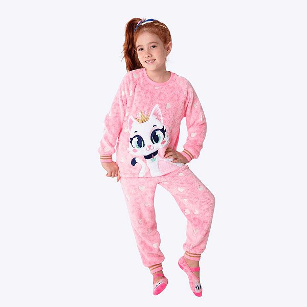 Pijama Manga Longa Gata Romântica Infantil Menina Puket 030402763