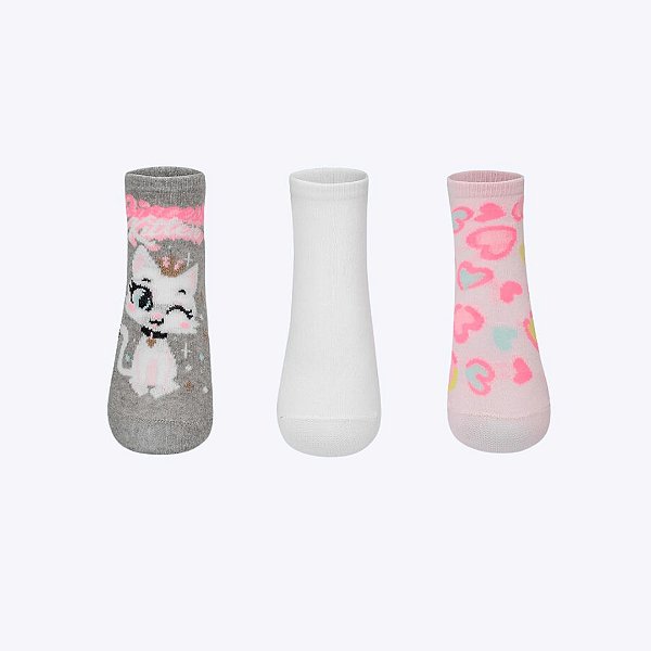 Kit com 3 Meias Infantil Menina Gata Romântica Puket 010406238