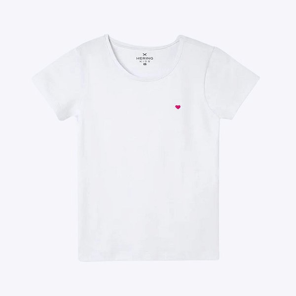 Blusa Manga Curta Básica Branca Slim Com Bordado Coração Infantil Menina Hering Kids 5CMPN0AEN