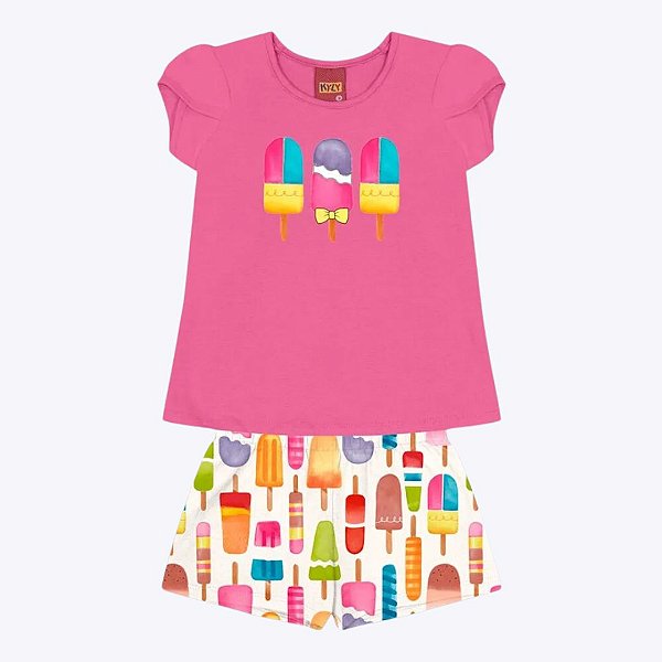 Conjunto Blusa Manga Curta e Shorts Estampa Picolé Infantil Feminino Kyly 1000233