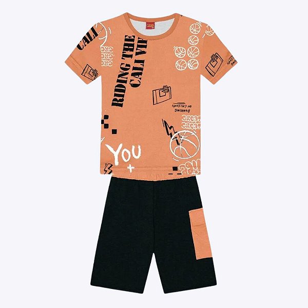 Camiseta Manga Curta Estampada e Bermuda Infantil Masculino Kyly 1000408