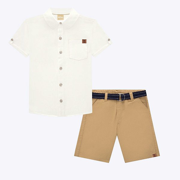 Conjunto Camisa Social Manga Curta e Bermuda Sarja Infantil Masculino Milon  2000427