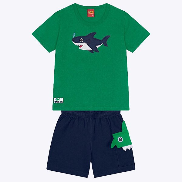 Conjunto Camiseta Manga Curta e Bermuda Bordado Tubarão Infantil Masculino Kyly 1000368