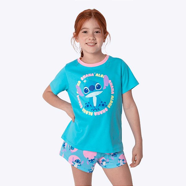 Pijama Camiseta Manga Curta e Shorts Doll Viscolycra Stitch Infantil Menina Puket 030402913