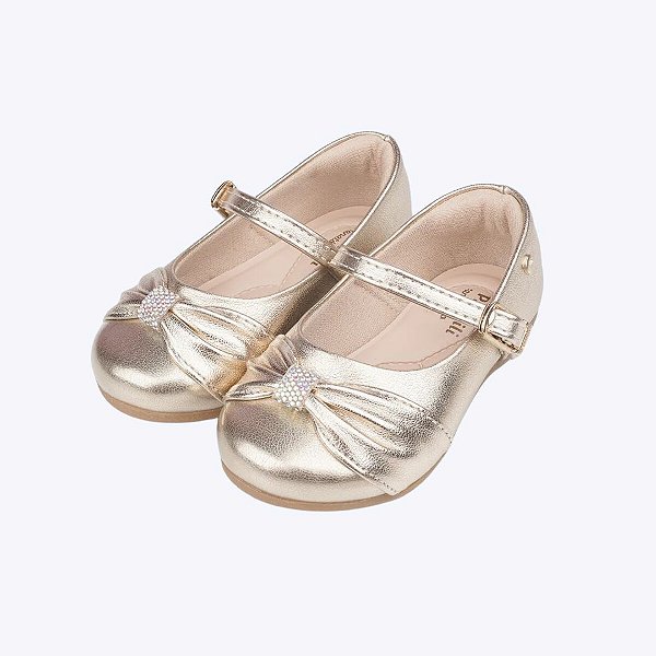 Sapatilha Dourada Angel Laço em Pregas e Strass Mini Infantil Feminina Pampili 401043000