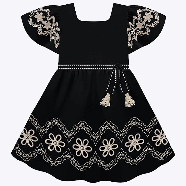 Vestido Manga Curta Bordado em Flores Infantil Feminino Milon 2000398