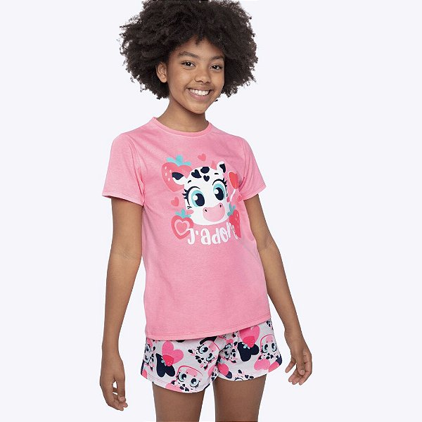 Pijama Camiseta Manga Curta e Shorts Doll Algodão Vaca Romântica Teen Menina Puket 030502349