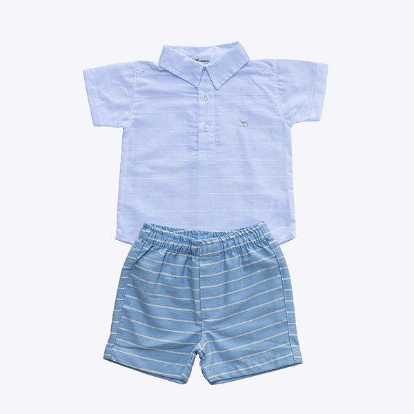 Conjunto Camisa Manga Curta Branca e Bermuda Listrada Bebê Menino Vigat 1120