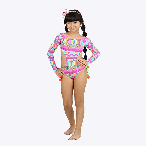 Maiô Manga Longa Tropical Infantil Menina Moda Praia Siri Kids 39206