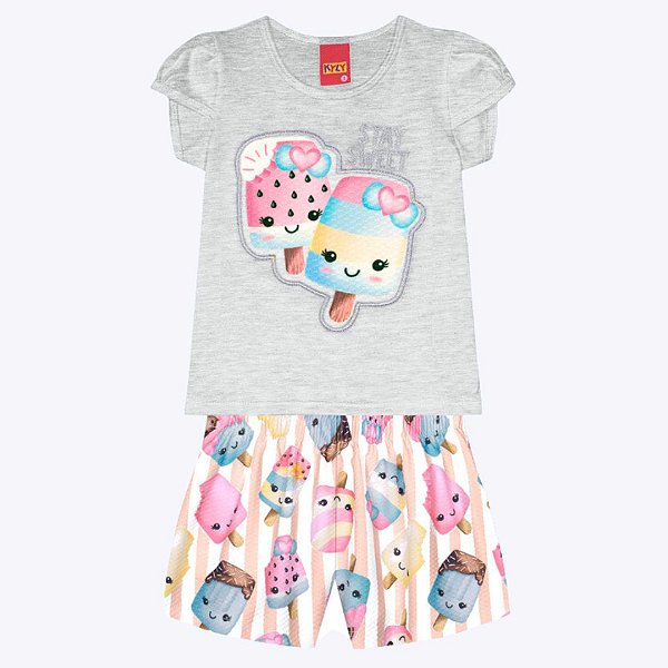 Conjunto Blusa Manga Curta e Shorts em Malha Estampado Infantil Menina Kyly 1000213
