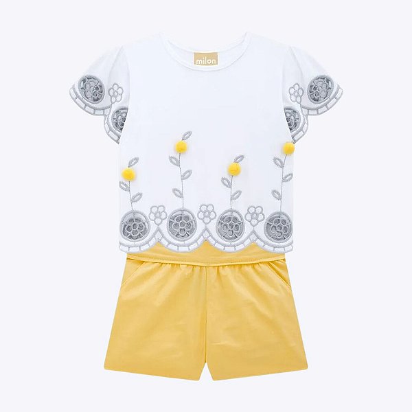Conjunto Blusa Manga Curta Bordado Pompom e Short Infantil Menina Milon 2000541