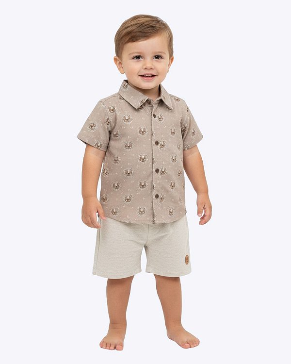 Conjunto Camisa Social Ursinho e Bermuda Off White Infantil Masculino 1025