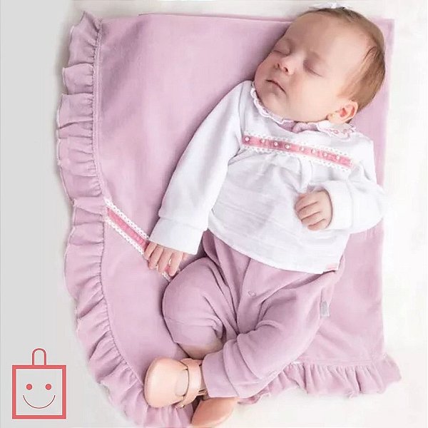 Saída Maternidade de Plush com Detalhes de Guipir e Fita de Veludo e Pérolas Menina Paraiso 13005