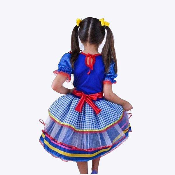 Vestido Festa Junina Azul Xadrez Bandeirinhas Infantil Muvile 4290
