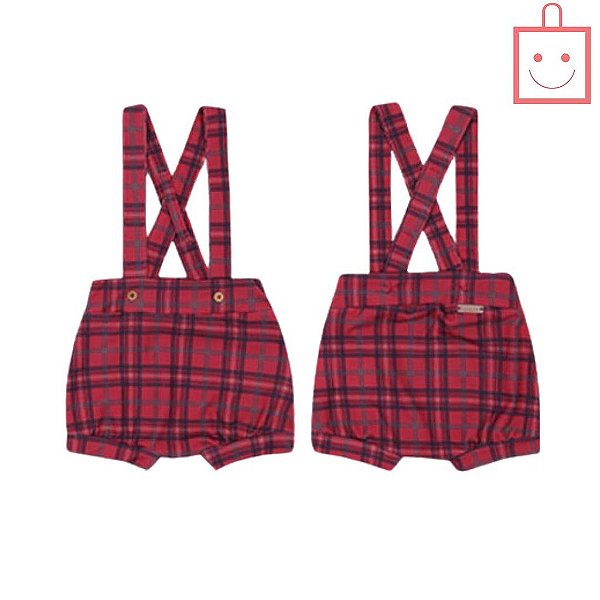 Conjunto Body Curto e Shorts Xadrez Alças Estilo Suspensório Bebê Menino Paraiso 15668