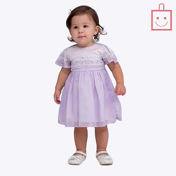 Vestido Lilás Estampa Delicada Manga Godê Paraiso 15498