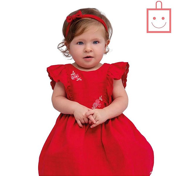 Vestido Vermelho Infantil em Tecido Plano Leve Bordado Ponto Cruz Paraiso 15494