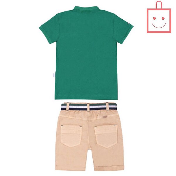 Conjunto Masculino Camiseta com Abertura de Botão Detalhe Bordado e Shorts Sarja com Cinto Paraíso 15564