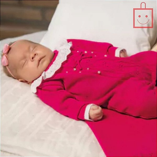 Saída Maternidade Rosa em Tricô Detalhe Perolas Menina Paraiso  14580