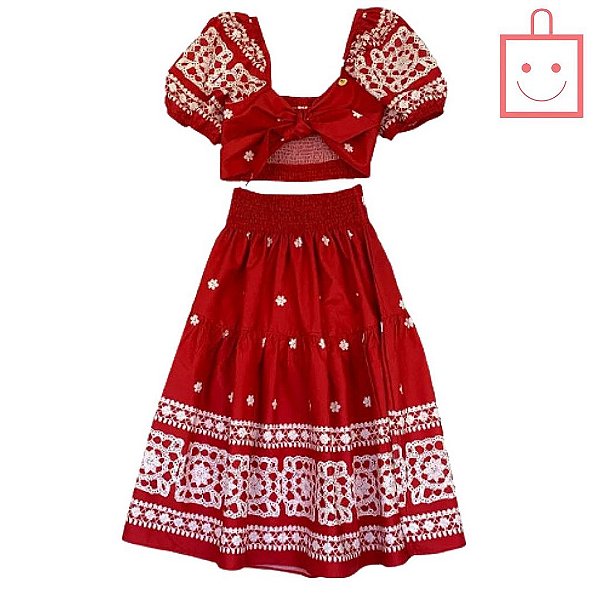 Conjunto Vermelho Cropped de Amarração e Saia Longa Infantil Menina Precoce 4347