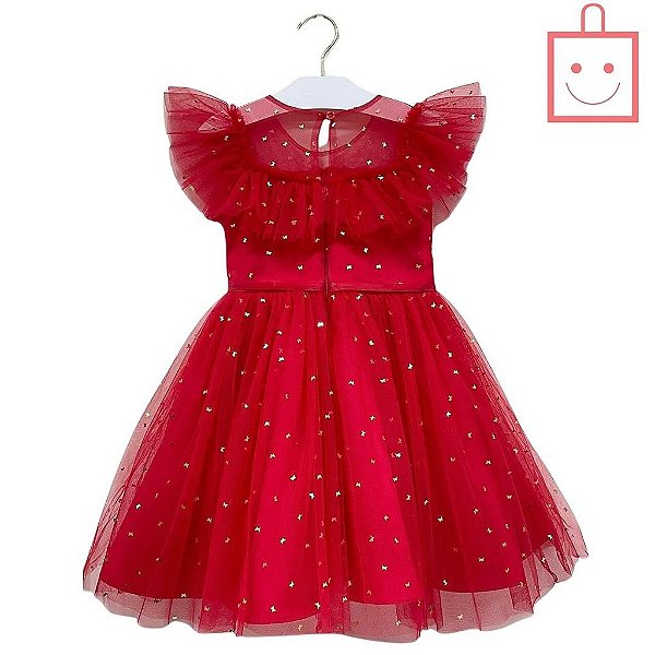 Vestido Babado com Tule Vermelho com Borboletas Petit Cherie 150