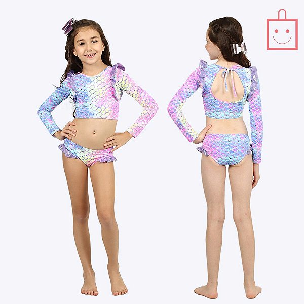 Biquíni Cropped Manga Longa Tecno Sereia Infantil Menina Moda Praia Siri Kids 39218
