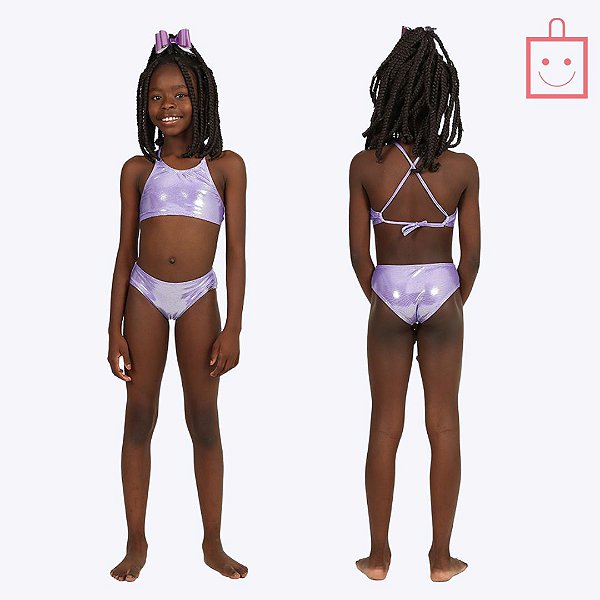 Biquíni Holográfico Tecno Sereia Lilás com Prata Infantil Menina Moda Praia Siri Kids 39220