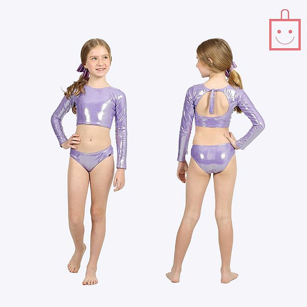 Biquíni Manga Longa Holográfico Tecno Sereia Lilás com Prata Infantil Menina Moda Praia Siri Kids 39221