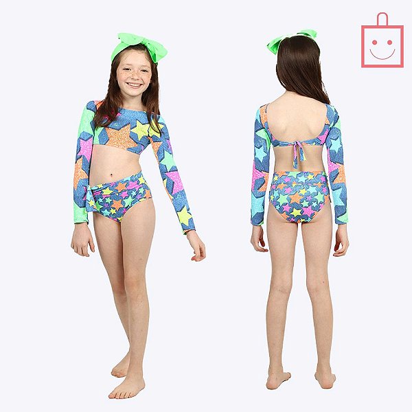 Biquíni Manga Longa Star Jeans Infantil Menina Moda Praia Siri Kids 39244
